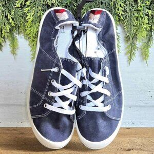 Size 9.5 Blue & White Scrunch Back Slip On Time 7 Tru Sneakers Memory Foam Shoes